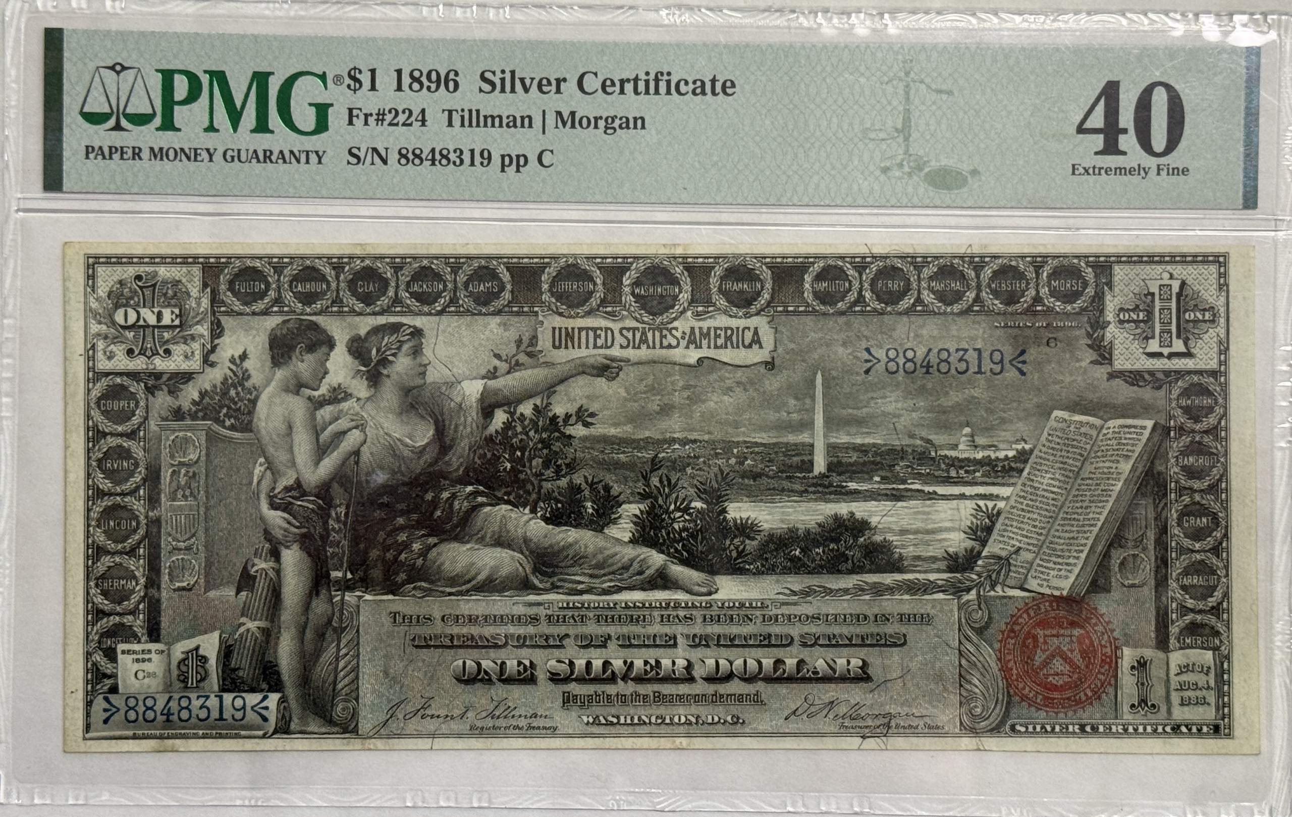 Large Silver Certificates 1896 $1 EDCUATIONAL SILVER CERTIFICATE FR#224 PMG EXTREMLY FINE 40 BRIGHT & NICE Large Silver Certificates 1896 $1 EDCUATIONAL SILVER CERTIFICATE FR#224 PMG EXTREMLY FINE 40 BRIGHT & NICE