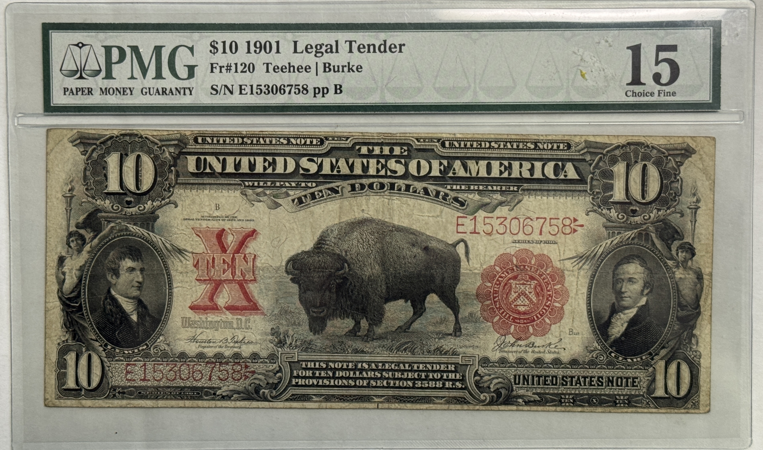 Large U.S. Notes 1901 $10 BISON LEGAL TENDER UNITED STATES NOTE FR#120 PMG CH F-15 NICE ORIGINAL Large U.S. Notes 1901 $10 BISON LEGAL TENDER UNITED STATES NOTE FR#120 PMG CH F-15 NICE ORIGINAL