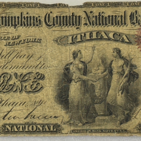 Large National Currency 1865 $1 ORIGINAL SERIES ACE, TOMPKINS COUNTY NB, ITHACA, NY, CHTR #1561, FILLER