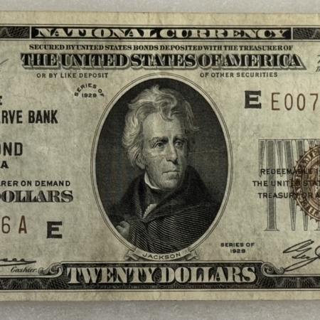 New Store Items 1929 $20 FEDERAL RESERVE BANK NOTE, E-RICHMOND VA, FR-1870E – VERY FINE & NICE!