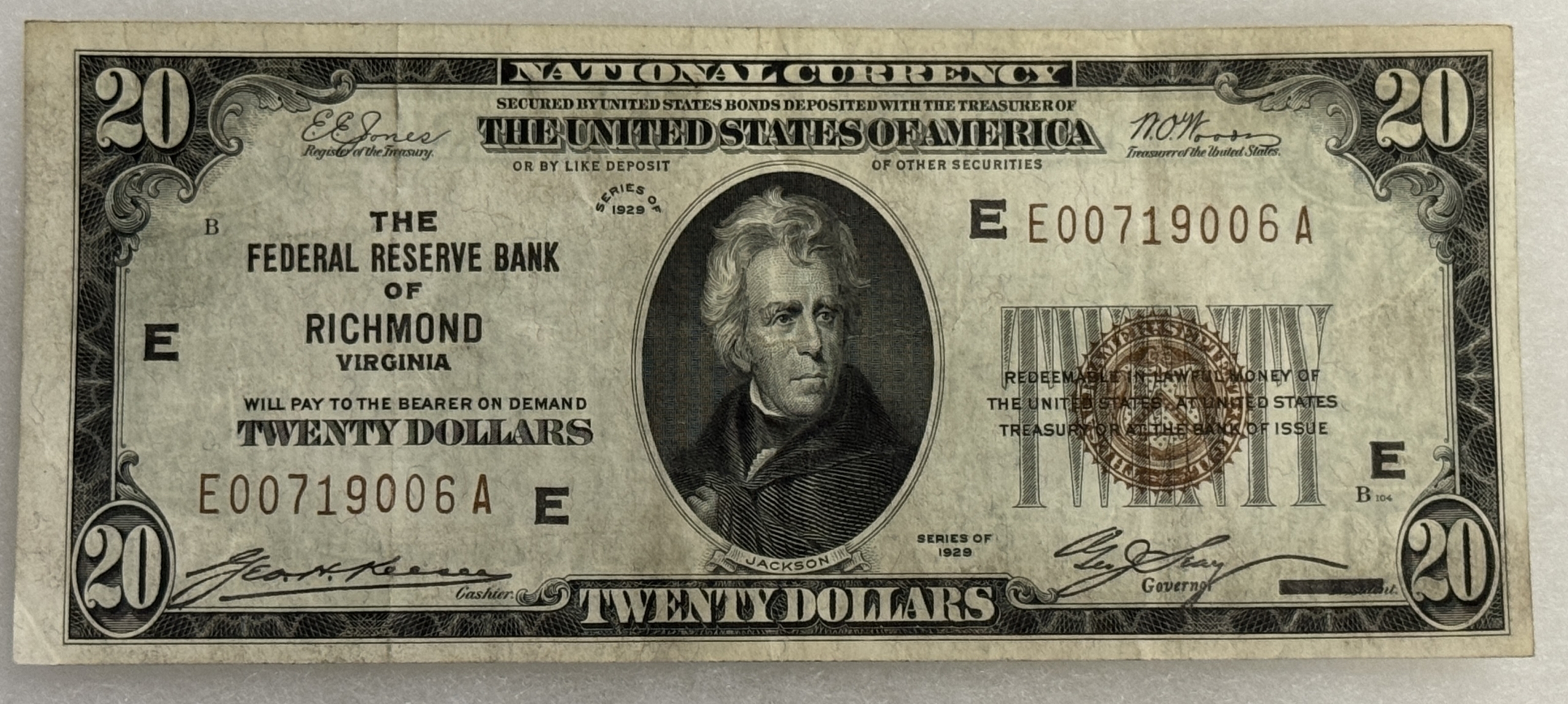 New Store Items 1929 $20 FEDERAL RESERVE BANK NOTE, E-RICHMOND VA, FR-1870E – VERY FINE & NICE! New Store Items 1929 $20 FEDERAL RESERVE BANK NOTE, E-RICHMOND VA, FR-1870E – VERY FINE & NICE!