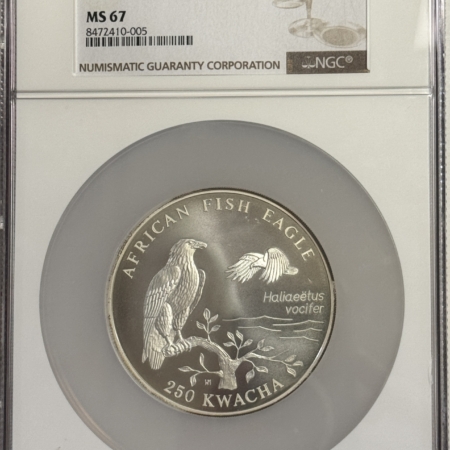 Bullion 1993 ZAMBIA 250 KWACHA SILVER AFRICAN FISH EAGLE, 4 OZ, KM-34 – NGC MS-67, NEAT!