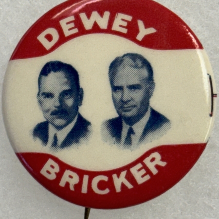 Political 1944 DEWEY-BRICKER 1 1/4″ CELLULOID CAMPAIGN BUTTON NR MINT! SCARCE 1944 JUGATE!