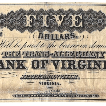 Obsolete Notes JEFFERSONVILLE, VA-TRANS ALLEGHANY BANK OF VIRGINIA-UNISSUED $5 REMAINDER-F/VF