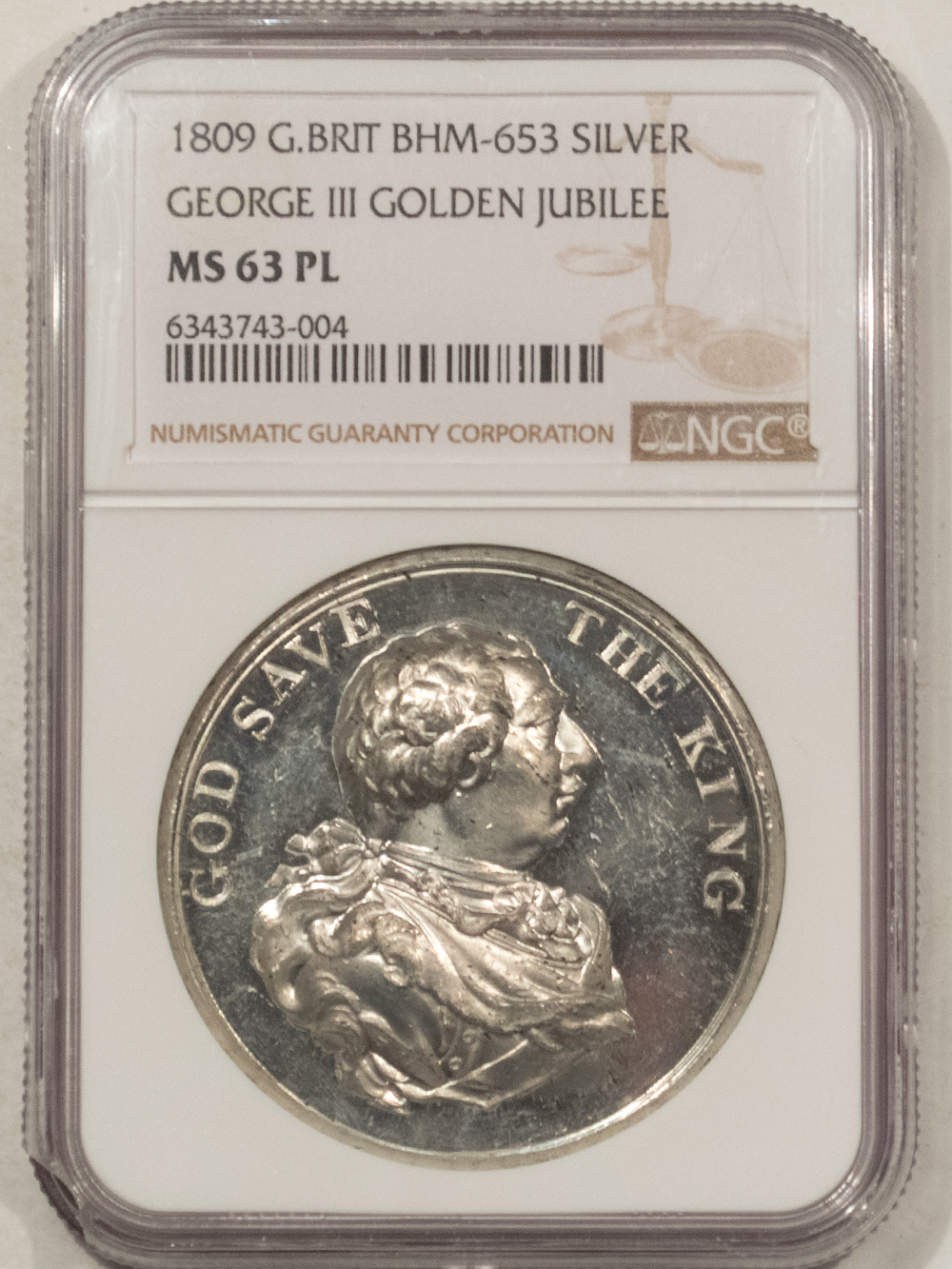Exonumia 1809 G BRITAIN SILVER MEDAL BHM-653 GEORGE III GOLDEN JUBILEE NGC MS-63 PL RARE! Exonumia 1809 G BRITAIN SILVER MEDAL BHM-653 GEORGE III GOLDEN JUBILEE NGC MS-63 PL RARE!