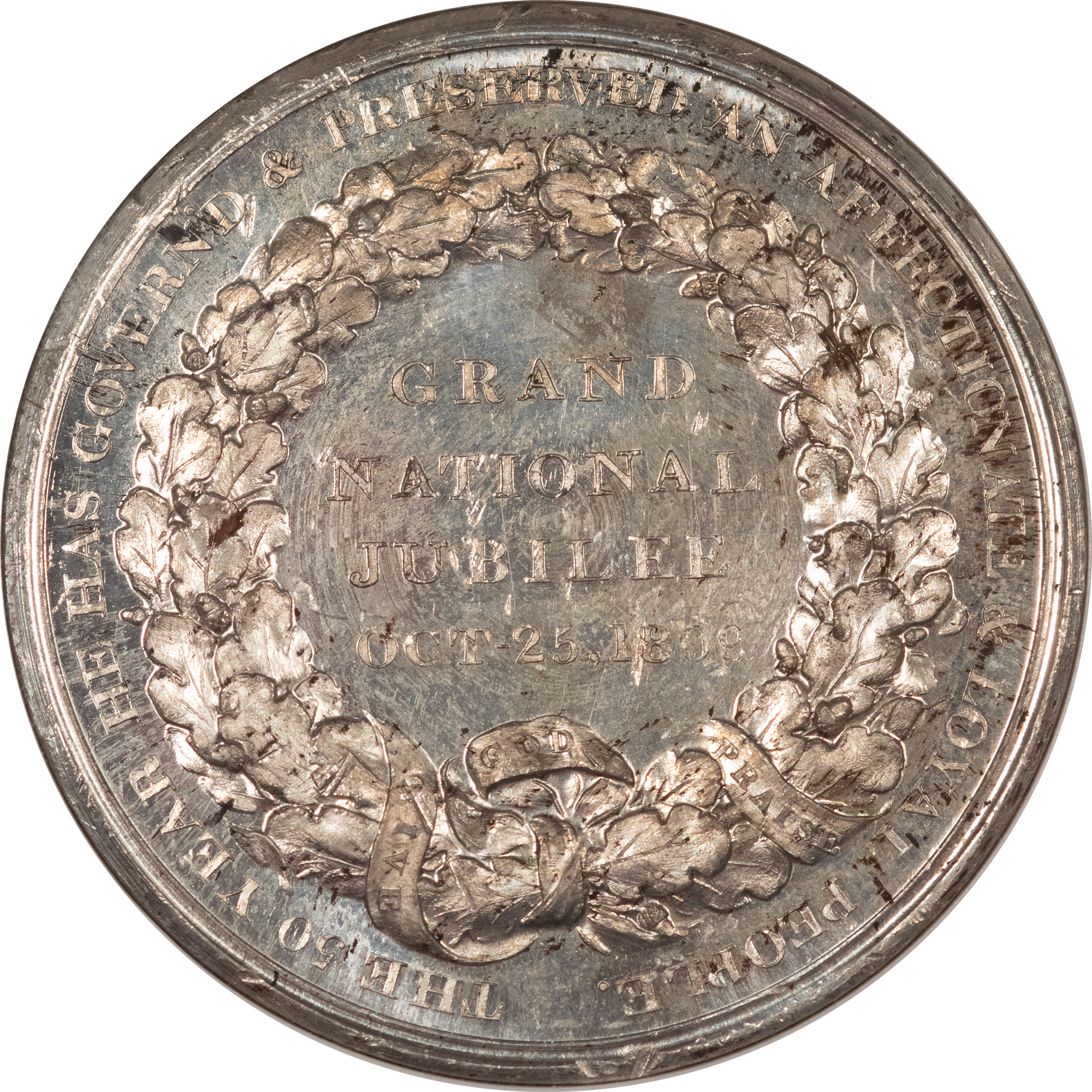 Exonumia 1809 G BRITAIN SILVER MEDAL BHM-653 GEORGE III GOLDEN JUBILEE NGC MS-63 PL RARE! Exonumia 1809 G BRITAIN SILVER MEDAL BHM-653 GEORGE III GOLDEN JUBILEE NGC MS-63 PL RARE!