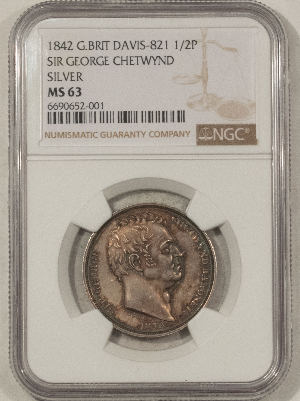 Exonumia 1842 GREAT BRITAIN DAVIS-821 1/2 P SIR GEO CHETWYND SILVER – NGC MS-63, RARE! Exonumia 1842 GREAT BRITAIN DAVIS-821 1/2 P SIR GEO CHETWYND SILVER – NGC MS-63, RARE!