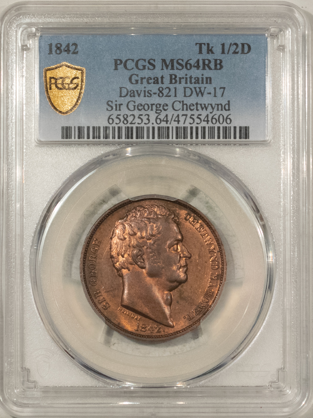 Exonumia 1842 GREAT BRITAIN HALFPENNY TOKEN DAVIS821 DW-17 PCGS MS-64 RB SIR GEO CHETWYND Exonumia 1842 GREAT BRITAIN HALFPENNY TOKEN DAVIS821 DW-17 PCGS MS-64 RB SIR GEO CHETWYND