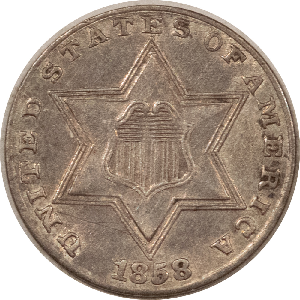 New Store Items 1858 THREE CENT SILVER – HIGH GRADE, VIRTUALLY UNCIRCULATED, LIGHT SCRATCHES! New Store Items 1858 THREE CENT SILVER – HIGH GRADE, VIRTUALLY UNCIRCULATED, LIGHT SCRATCHES!