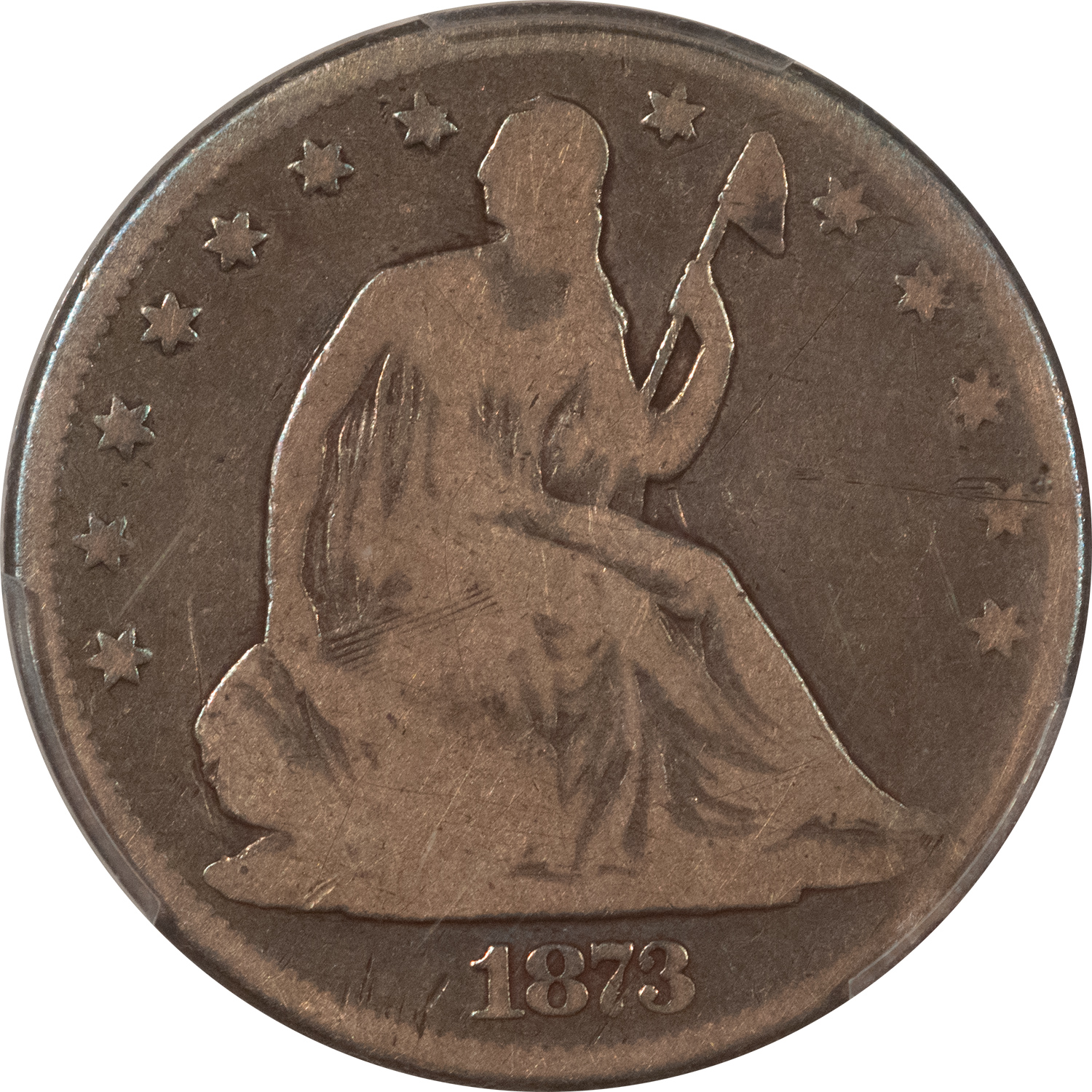 Half Dollars 1873 LIBERTY SEATED HALF DOLLAR, NO ARROWS OPEN 3 – PCGS G-6, RARE VARIETY! Half Dollars 1873 LIBERTY SEATED HALF DOLLAR, NO ARROWS OPEN 3 – PCGS G-6, RARE VARIETY!