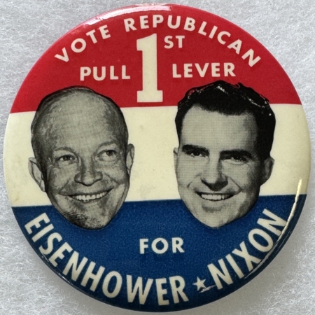 Other Collectibles 1956 EISENHOWER-NIXON “VOTE REPUBLICAN PULL 1ST LEVER” 3 1/2″ JUGATE BUTTON MINT