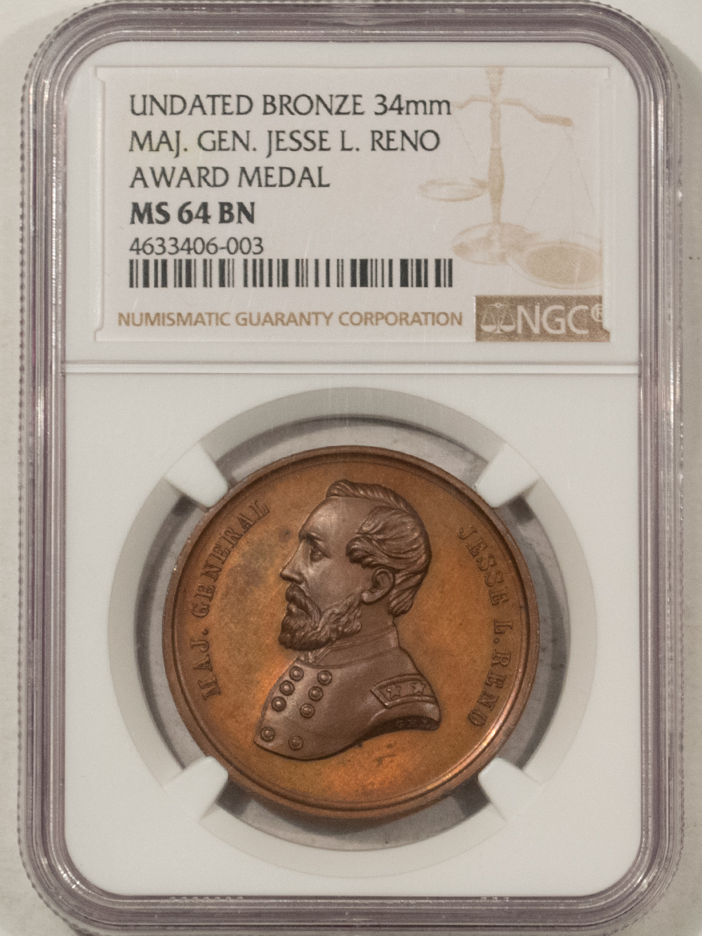 Exonumia UNDATED MAJOR GENERAL JESSE L. RENO AWARD MEDAL, 34mm BRONZE, NGC MS-64 BN! Exonumia UNDATED MAJOR GENERAL JESSE L. RENO AWARD MEDAL, 34mm BRONZE, NGC MS-64 BN!