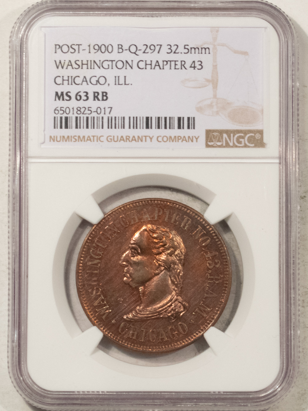Exonumia POST-1900 B-Q-297 32.5MM WASHINGTON CHAPTER 43, CHICAGO ILL – NGC MS-63 RB Exonumia POST-1900 B-Q-297 32.5MM WASHINGTON CHAPTER 43, CHICAGO ILL – NGC MS-63 RB