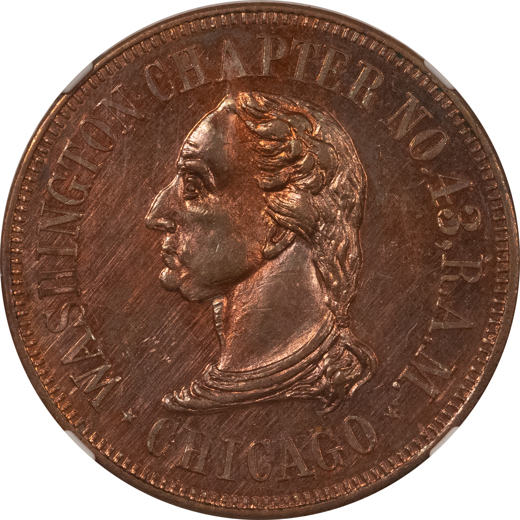 Exonumia POST-1900 B-Q-297 32.5MM WASHINGTON CHAPTER 43, CHICAGO ILL – NGC MS-63 RB Exonumia POST-1900 B-Q-297 32.5MM WASHINGTON CHAPTER 43, CHICAGO ILL – NGC MS-63 RB