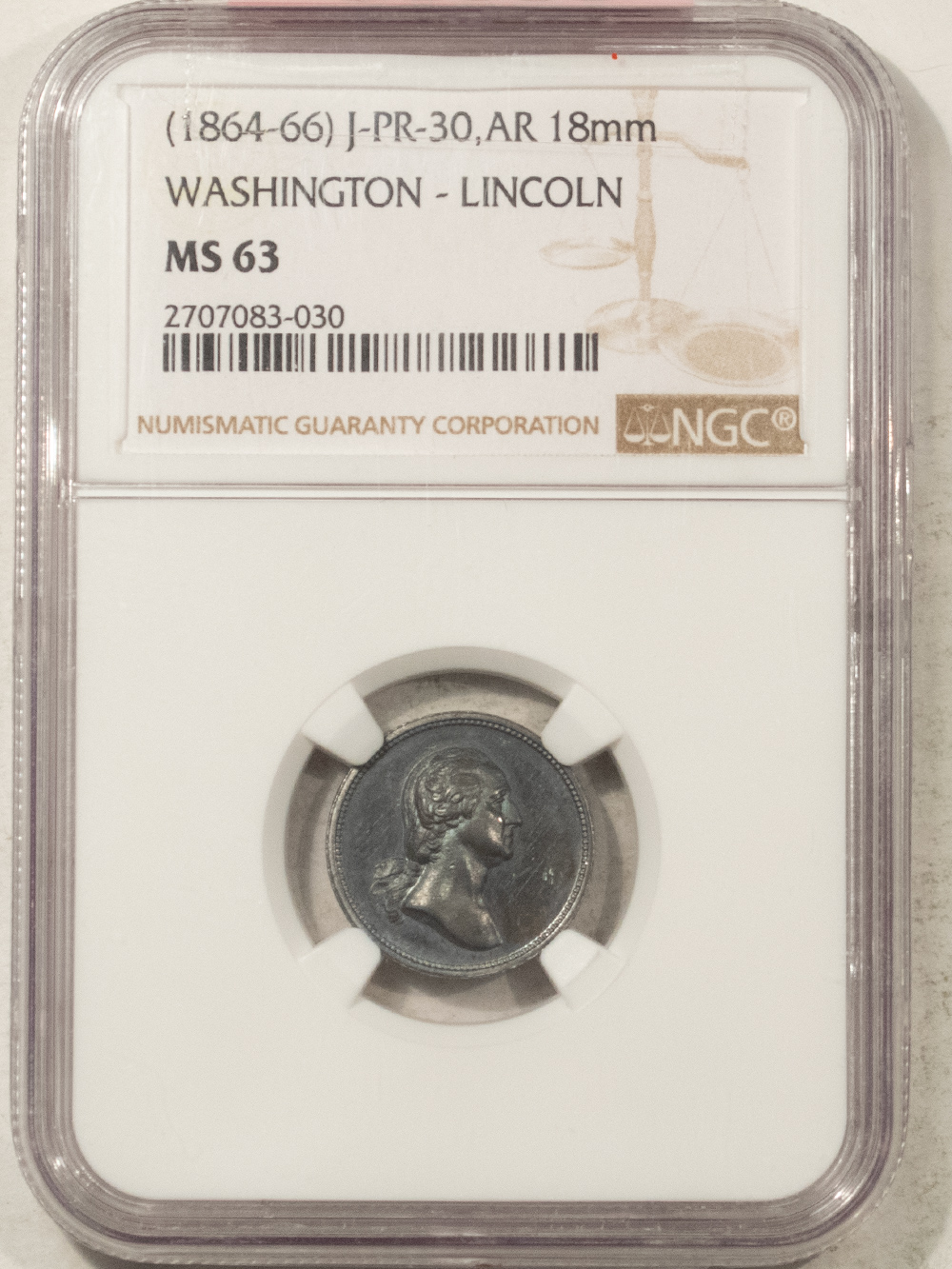 Exonumia (1864-66) J-PR-30 AR 18MM WASHINGTON-LINCOLN MEDAL – NGC MS-63 Exonumia (1864-66) J-PR-30 AR 18MM WASHINGTON-LINCOLN MEDAL – NGC MS-63