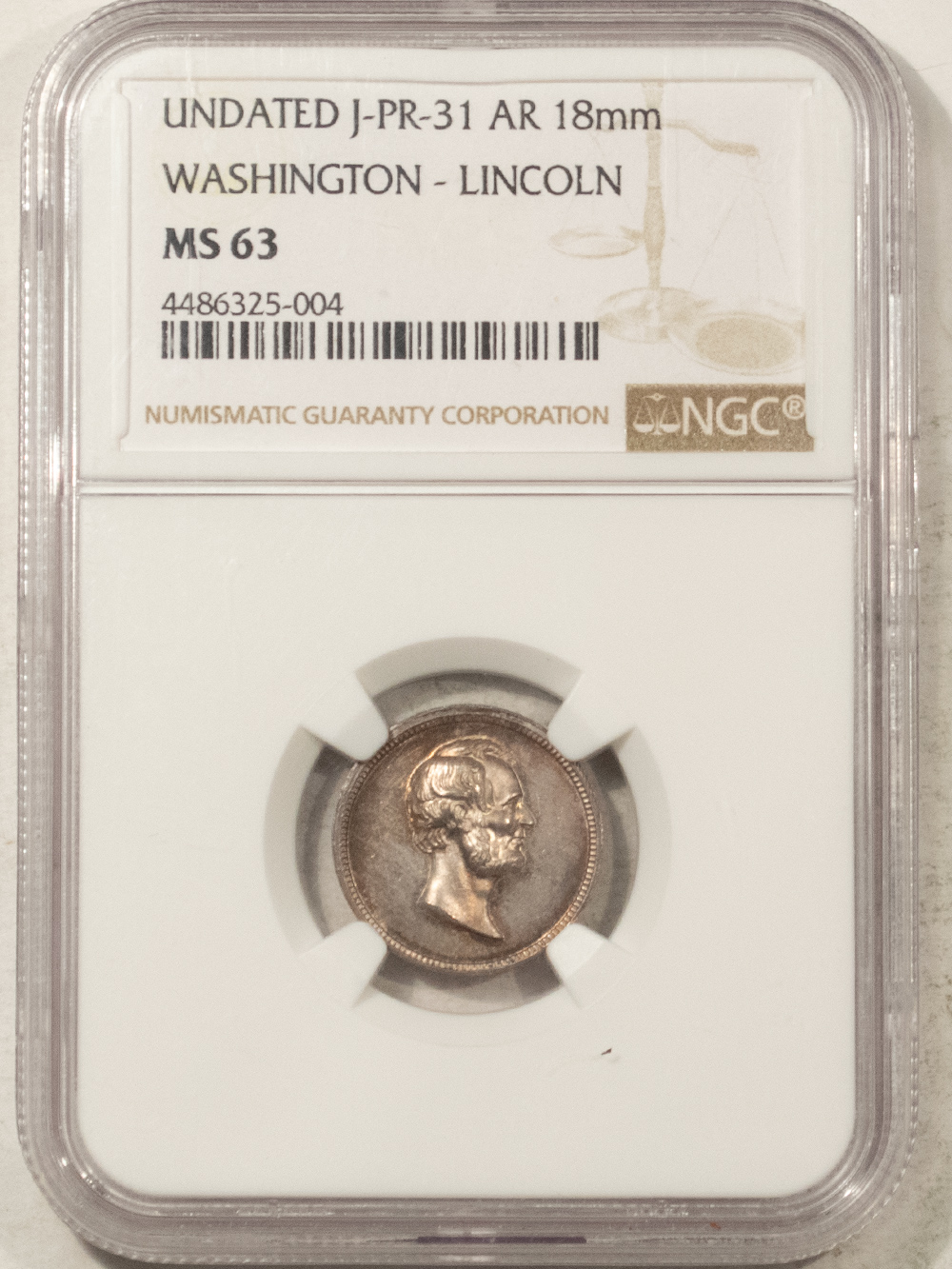 Exonumia UNDATED J-PR-31 AR 18MM WASHINGTON-LINCOLN MEDAL – NGC MS-63 Exonumia UNDATED J-PR-31 AR 18MM WASHINGTON-LINCOLN MEDAL – NGC MS-63