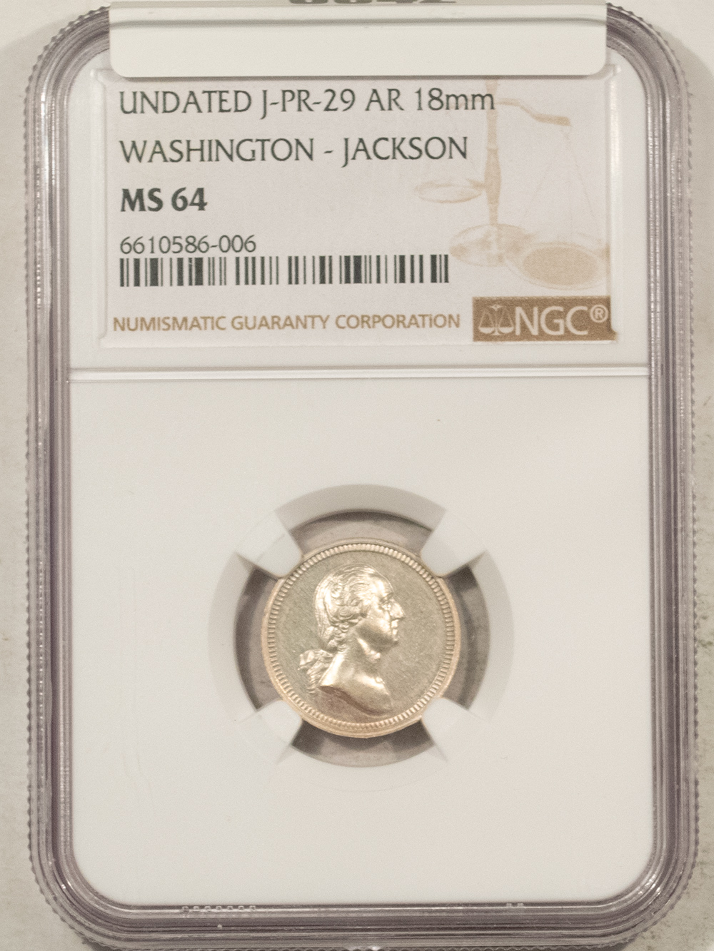 Exonumia UNDATED J-PR-29 AR 18MM WASHINGTON-JACKSON MEDAL – NGC MS-64 Exonumia UNDATED J-PR-29 AR 18MM WASHINGTON-JACKSON MEDAL – NGC MS-64