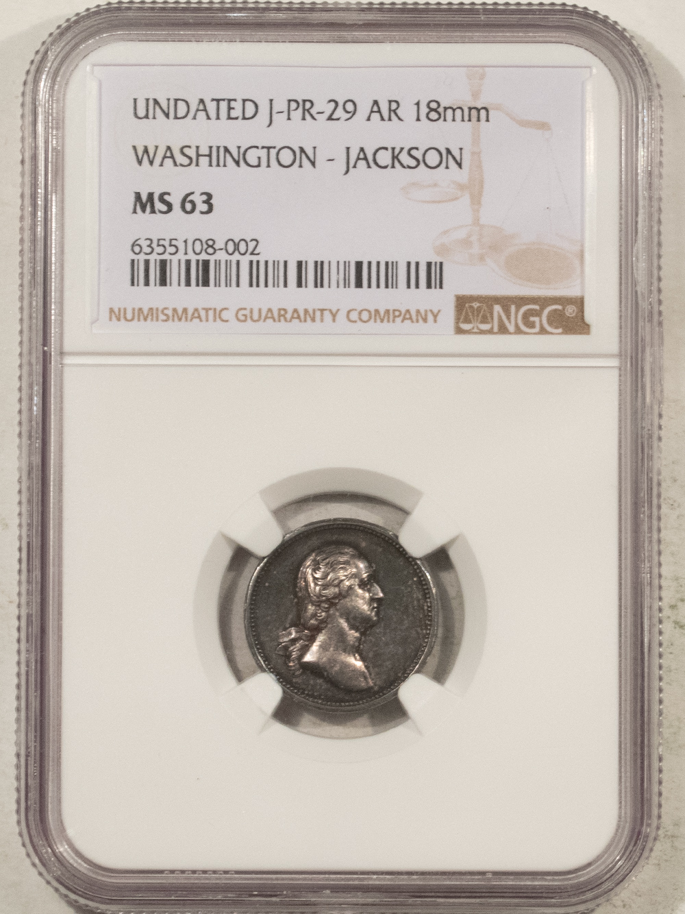 Exonumia UNDATED J-PR-29 AR 18MM WASHINGTON-JACKSON MEDAL – NGC MS-63 Exonumia UNDATED J-PR-29 AR 18MM WASHINGTON-JACKSON MEDAL – NGC MS-63