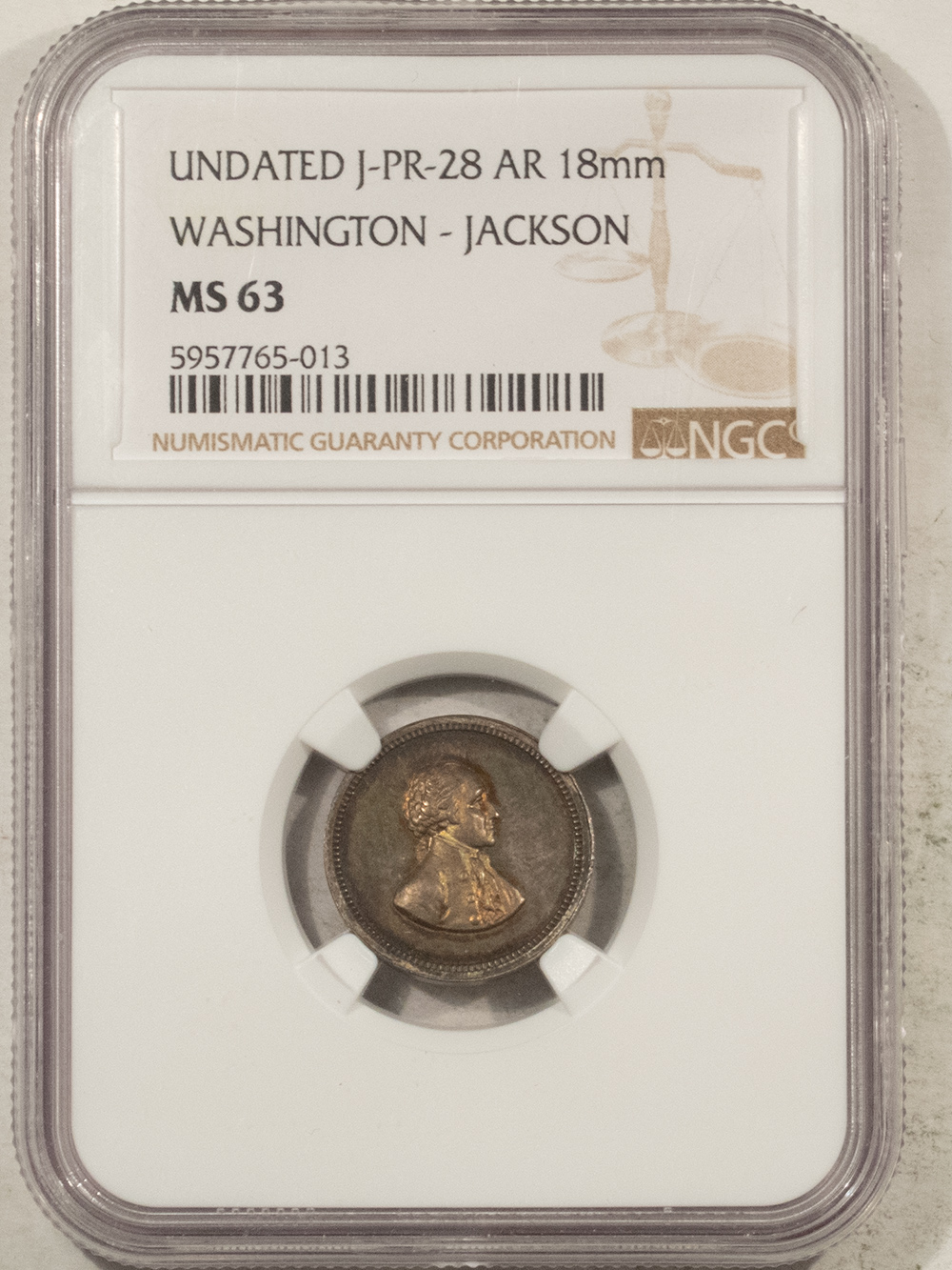 Exonumia UNDATED J-PR-28 AR 18MM WASHINGTON-JACKSON MEDAL – NGC MS-63 Exonumia UNDATED J-PR-28 AR 18MM WASHINGTON-JACKSON MEDAL – NGC MS-63