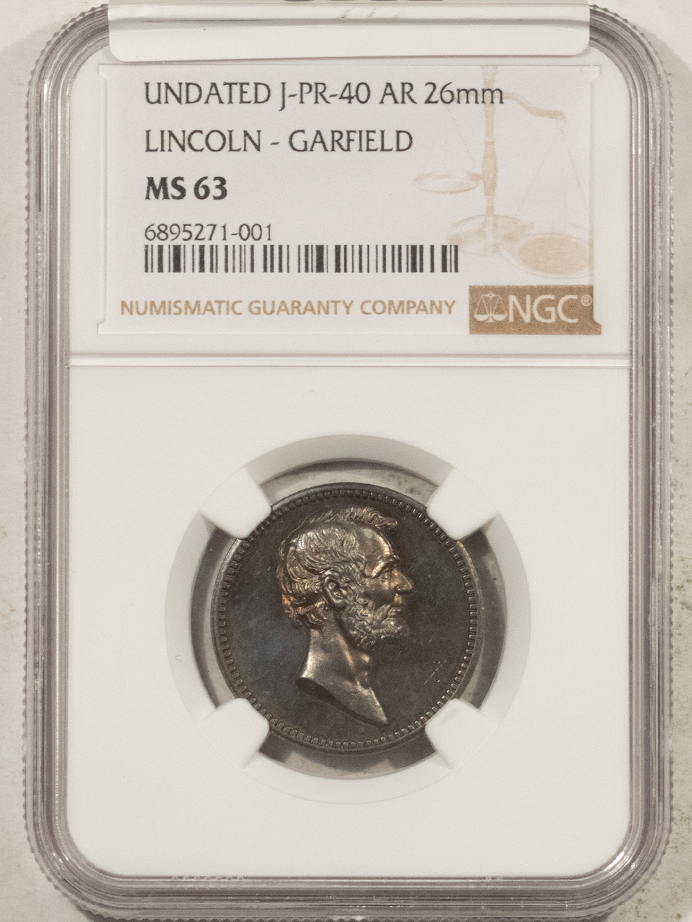Exonumia UNDATED J-PR-40 AR 26MM LINCOLN-GARFIELD MEDAL – NGC MS-63 Exonumia UNDATED J-PR-40 AR 26MM LINCOLN-GARFIELD MEDAL – NGC MS-63