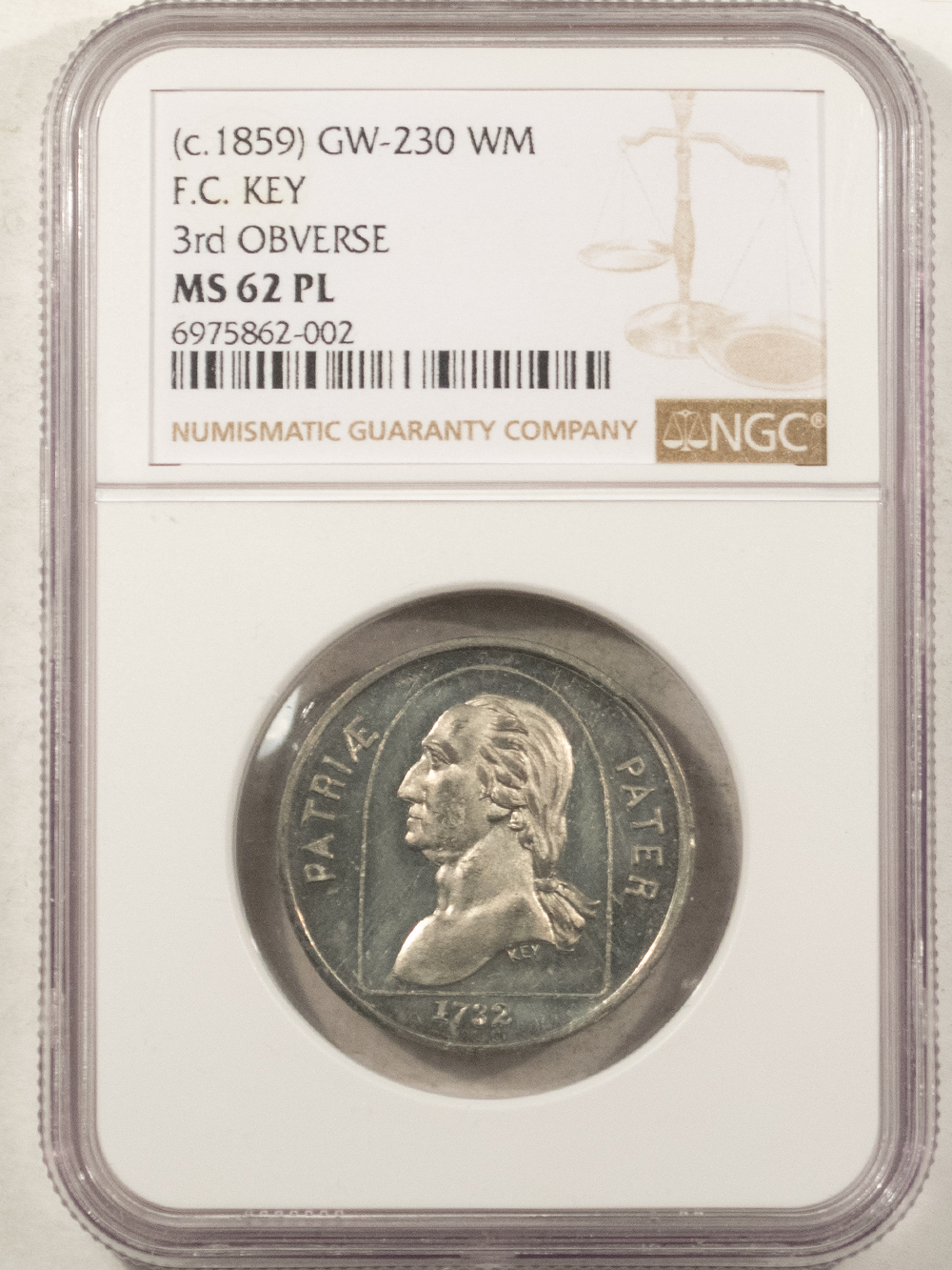 Exonumia c.1859 GW-230 GEORGE WASHINGTON FC KEY 3RD OBVERSE MEDAL WHITE METAL NGC MS62 PL Exonumia c.1859 GW-230 GEORGE WASHINGTON FC KEY 3RD OBVERSE MEDAL WHITE METAL NGC MS62 PL