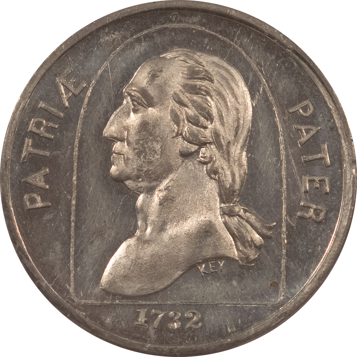 Exonumia c.1859 GW-230 GEORGE WASHINGTON FC KEY 3RD OBVERSE MEDAL WHITE METAL NGC MS62 PL Exonumia c.1859 GW-230 GEORGE WASHINGTON FC KEY 3RD OBVERSE MEDAL WHITE METAL NGC MS62 PL
