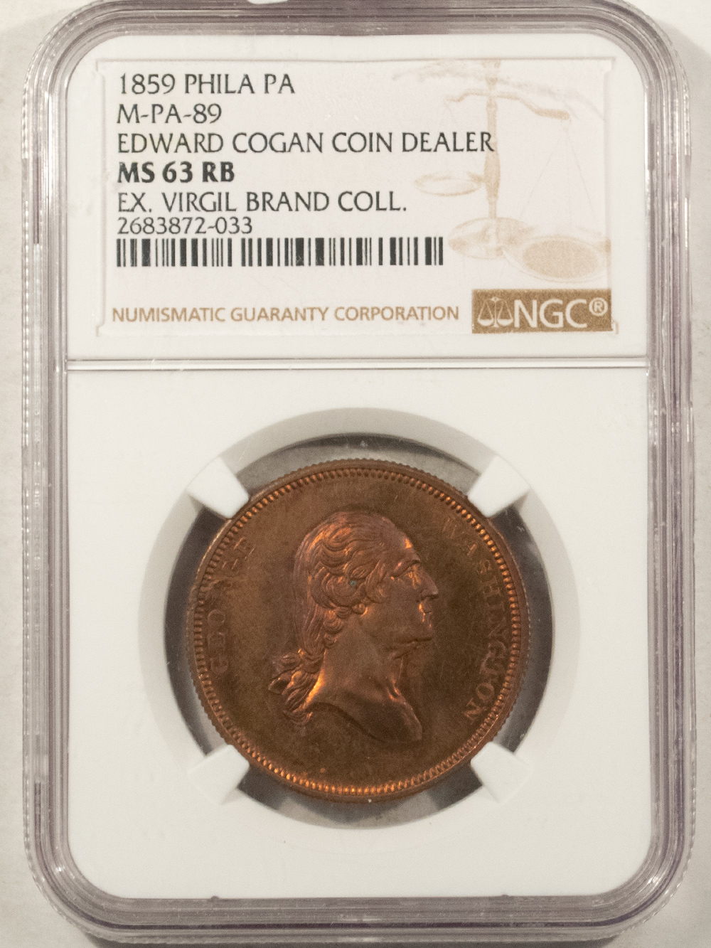 Exonumia 1859 PHILA PA M-PA-89 E COGAN COIN DEALER, WASHINGTON, VIRGIL BRAND NGC MS-63 RB Exonumia 1859 PHILA PA M-PA-89 E COGAN COIN DEALER, WASHINGTON, VIRGIL BRAND NGC MS-63 RB