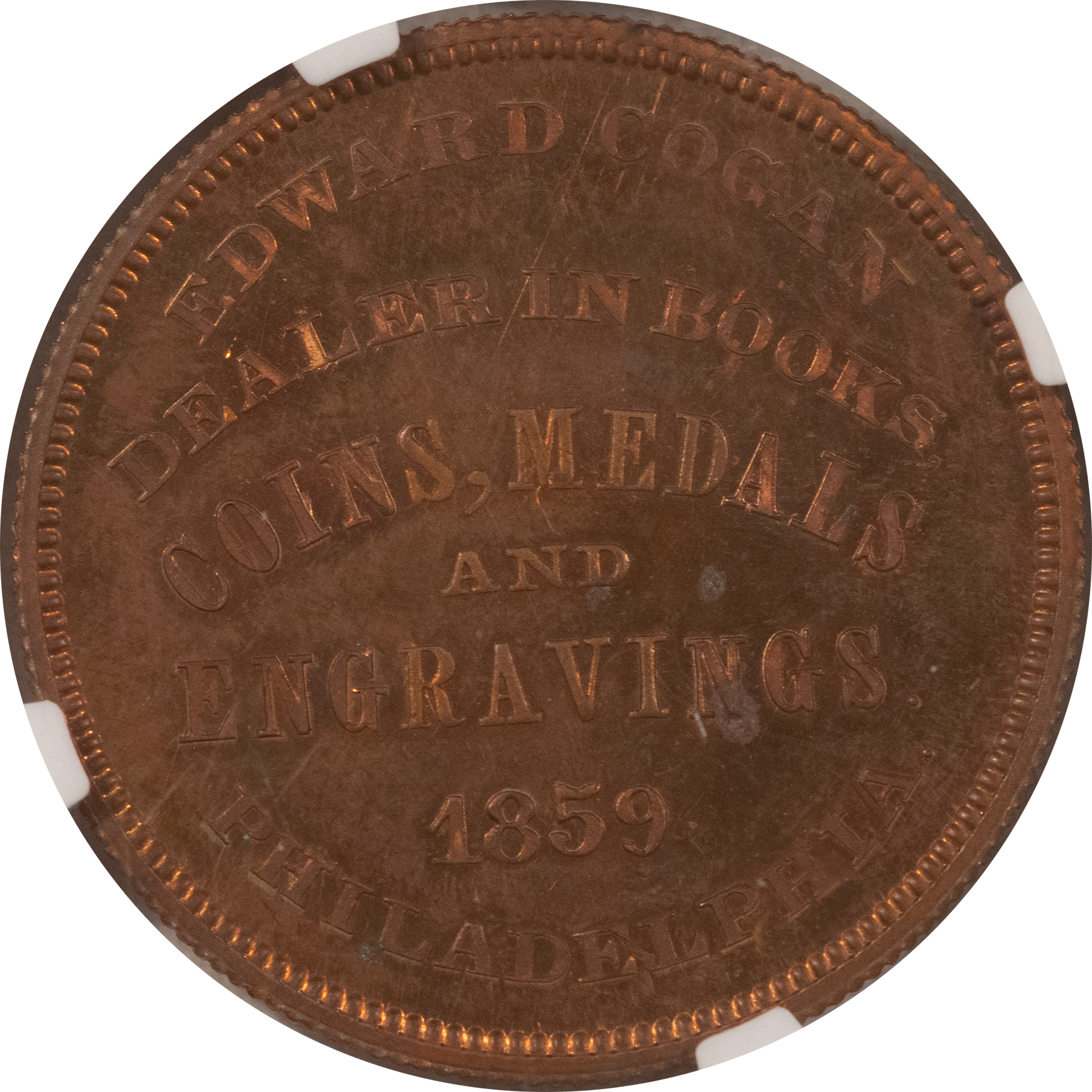 Exonumia 1859 PHILA PA M-PA-89 E COGAN COIN DEALER, WASHINGTON, VIRGIL BRAND NGC MS-63 RB Exonumia 1859 PHILA PA M-PA-89 E COGAN COIN DEALER, WASHINGTON, VIRGIL BRAND NGC MS-63 RB