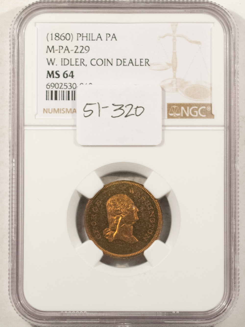 Exonumia 1860 PHILADELPHIA PA M-PA-229 W IDLER, COIN DEALER MEDAL, WASHINGTON – NGC MS-64 Exonumia 1860 PHILADELPHIA PA M-PA-229 W IDLER, COIN DEALER MEDAL, WASHINGTON – NGC MS-64