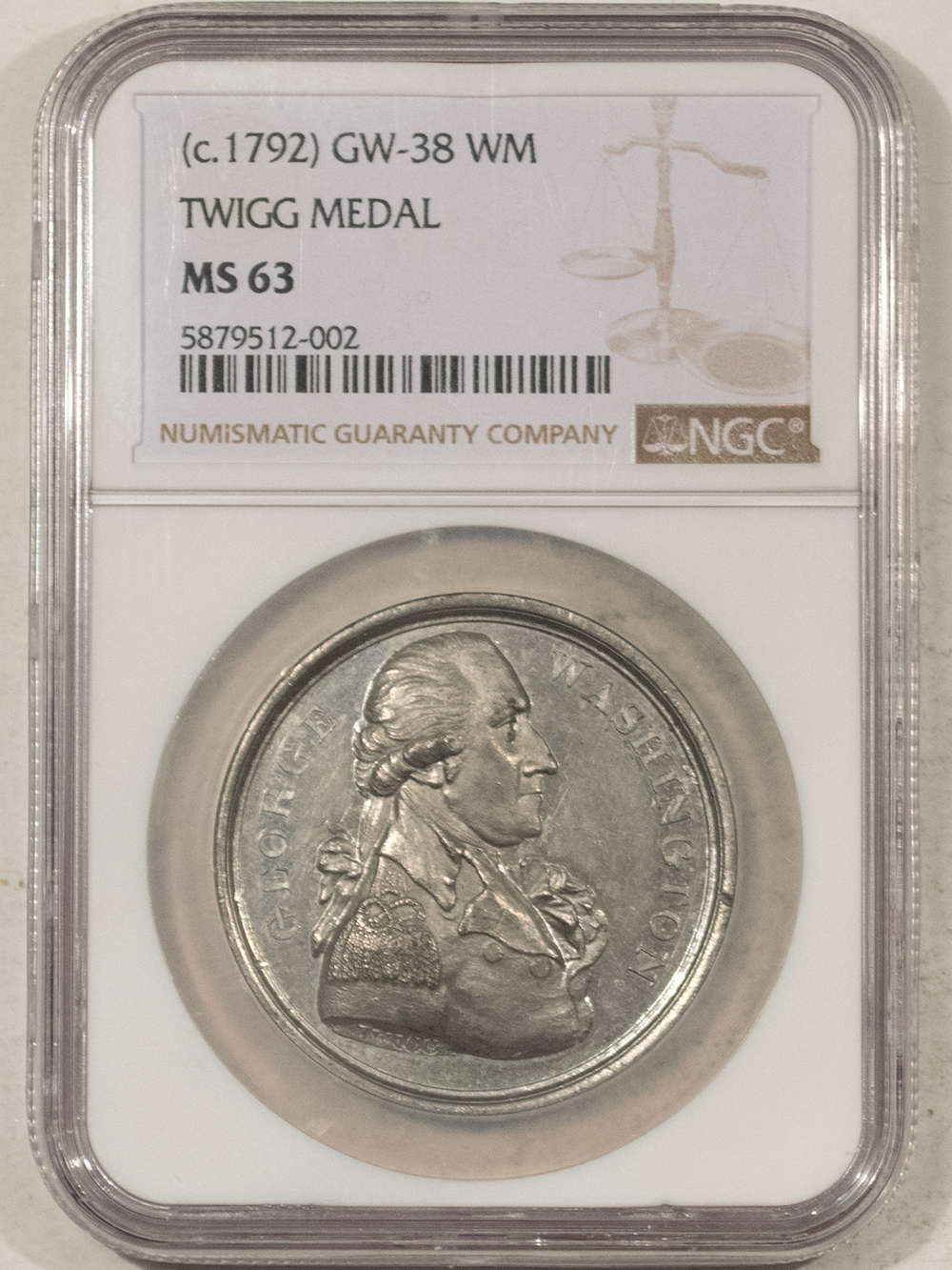 Exonumia ca. 1792 GEORGE WASHINGTON TWIGG MEDAL, WHITE METAL, GW-38 WM, NGC MS-63-RARE! Exonumia ca. 1792 GEORGE WASHINGTON TWIGG MEDAL, WHITE METAL, GW-38 WM, NGC MS-63-RARE!