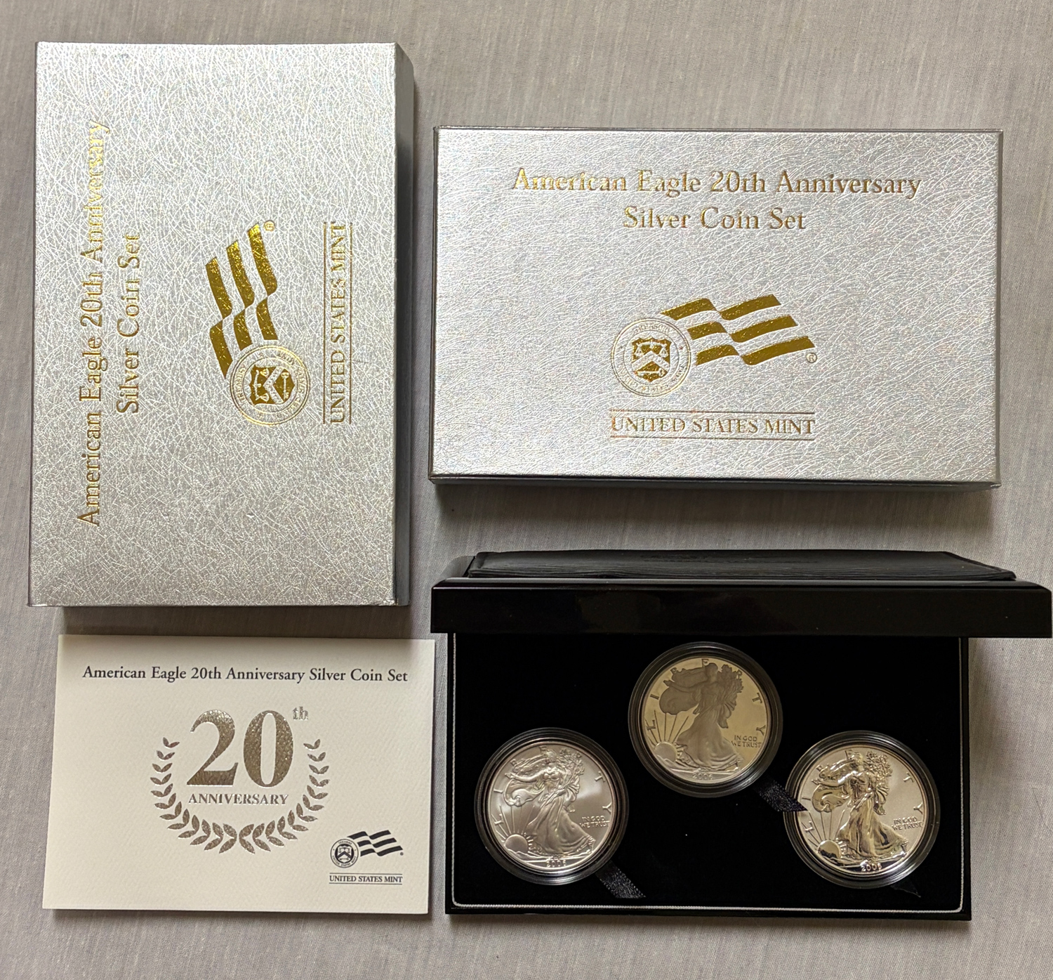 American Silver Eagles 2006 20TH ANNIVERSARY 1 OZ AMERICAN SILVER EAGLE THREE COIN SET GEM W/ OGP & COA American Silver Eagles 2006 20TH ANNIVERSARY 1 OZ AMERICAN SILVER EAGLE THREE COIN SET GEM W/ OGP & COA