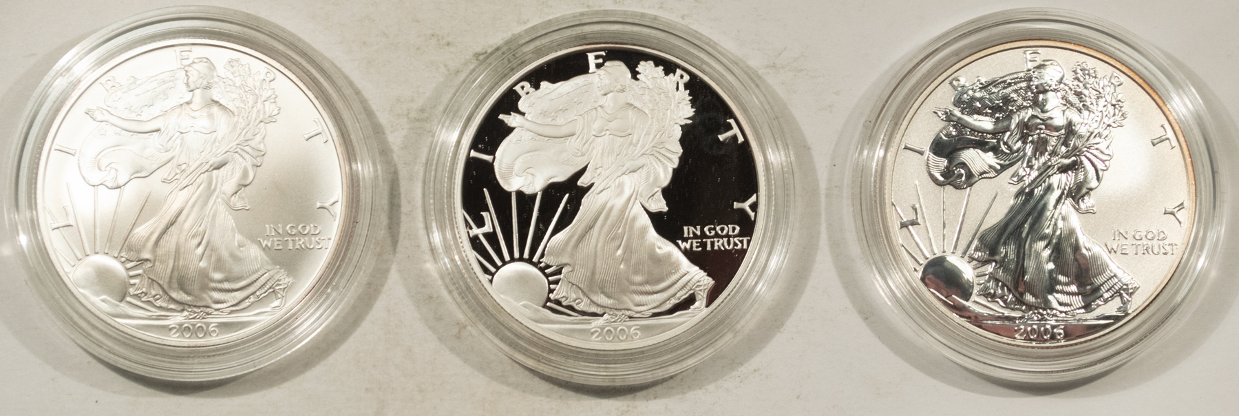 American Silver Eagles 2006 20TH ANNIVERSARY 1 OZ AMERICAN SILVER EAGLE THREE COIN SET GEM W/ OGP & COA American Silver Eagles 2006 20TH ANNIVERSARY 1 OZ AMERICAN SILVER EAGLE THREE COIN SET GEM W/ OGP & COA
