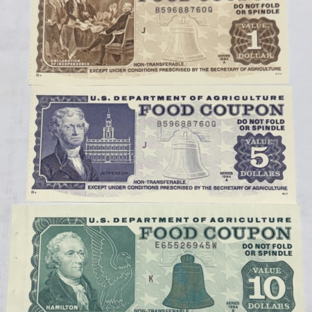 Miscellaneous Currency SERIES 1984 U.S. DEPARTMENT OF AGRICULTURE FOOD COUPONS LOT OF 3 $1, $5, $10 UNC Miscellaneous Currency SERIES 1984 U.S. DEPARTMENT OF AGRICULTURE FOOD COUPONS LOT OF 3 $1, $5, $10 UNC