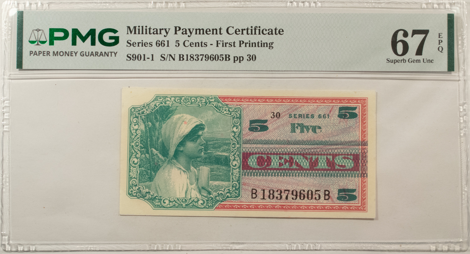 Military Payment Certificates SERIES 661 5c MPC MILITARY PAYMENT CERTIFICATE S901-1 – PMG SUPERB GU-67 EPQ! Military Payment Certificates SERIES 661 5c MPC MILITARY PAYMENT CERTIFICATE S901-1 – PMG SUPERB GU-67 EPQ!