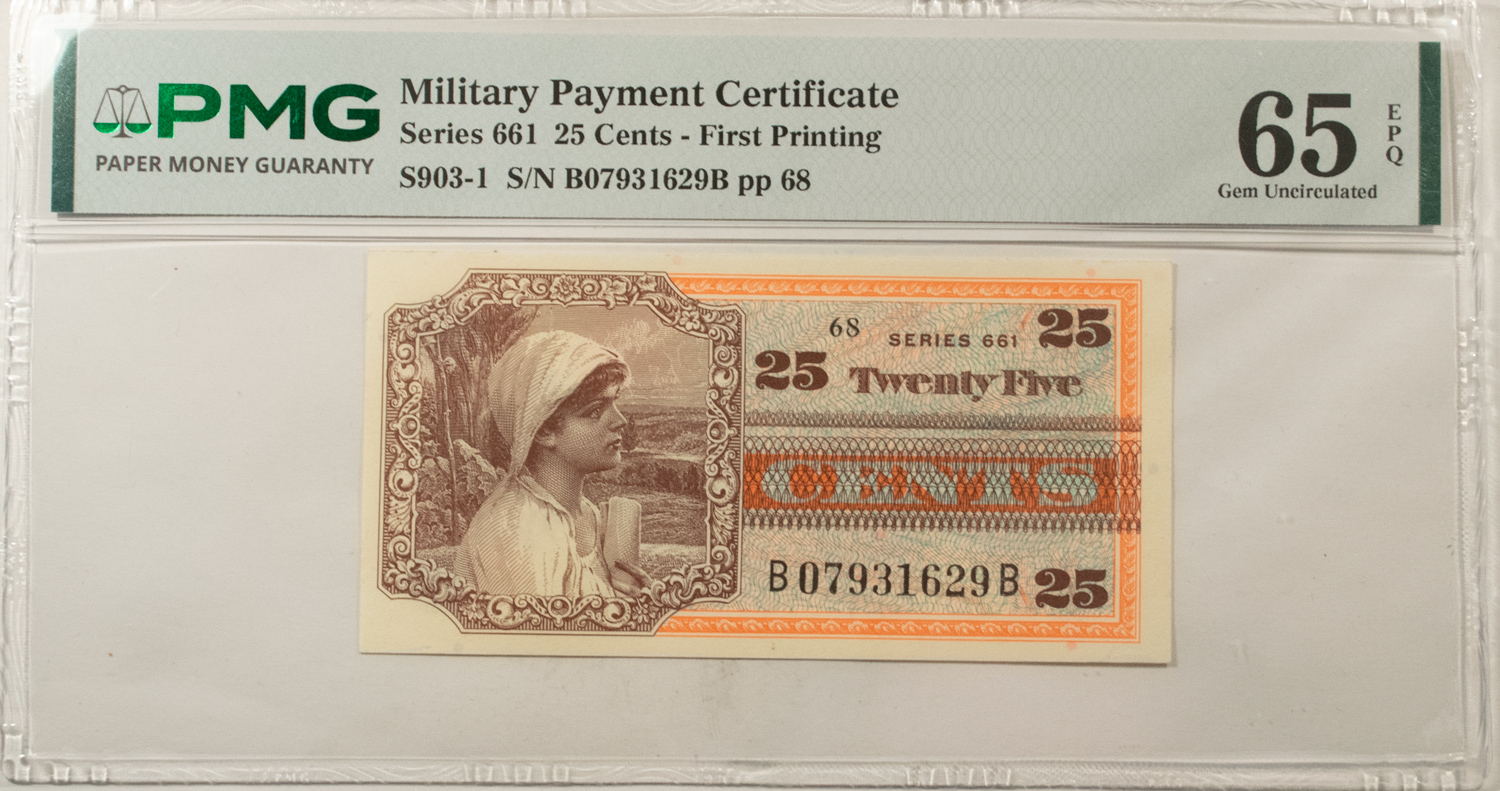 Military Payment Certificates SERIES 661 25c MPC MILITARY PAYMENT CERTIFICATE S903-1 – PMG GEM UNC-65 EPQ! Military Payment Certificates SERIES 661 25c MPC MILITARY PAYMENT CERTIFICATE S903-1 – PMG GEM UNC-65 EPQ!