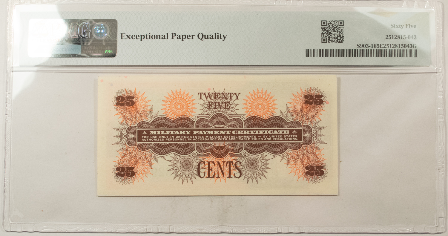 Military Payment Certificates SERIES 661 25c MPC MILITARY PAYMENT CERTIFICATE S903-1 – PMG GEM UNC-65 EPQ! Military Payment Certificates SERIES 661 25c MPC MILITARY PAYMENT CERTIFICATE S903-1 – PMG GEM UNC-65 EPQ!