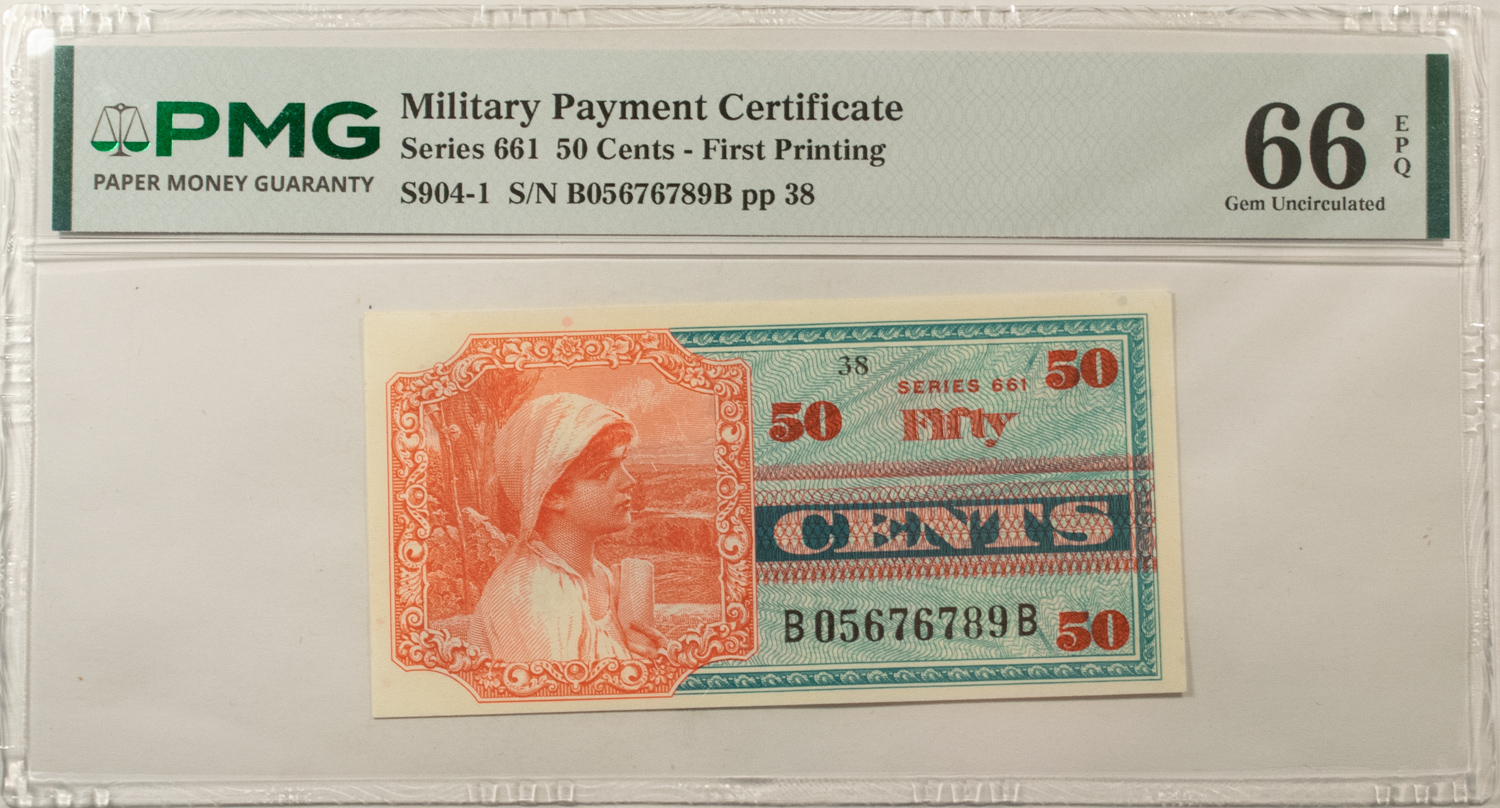 Military Payment Certificates SERIES 661 50c MPC MILITARY PAYMENT CERTIFICATE S904-1 – PMG GEM UNC-66 EPQ! Military Payment Certificates SERIES 661 50c MPC MILITARY PAYMENT CERTIFICATE S904-1 – PMG GEM UNC-66 EPQ!