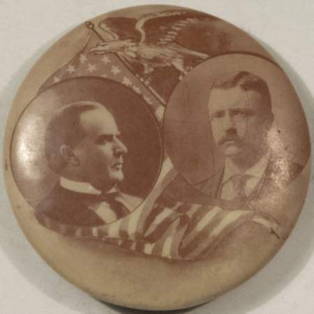 On Sale 1900 MCKINLEY-ROOSEVELT 1 1/4″ SEPIA PHOTO JUGATE – EXC FILLED METAL REV! NEAT!