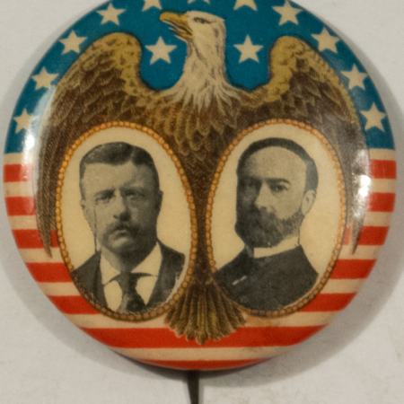 On Sale 1904 ROOSEVELT-FAIRBANKS 1 1/4″ FLAG JUGATE BUTTON W/ EAGLE, BRIGHT & EXCELLENT!