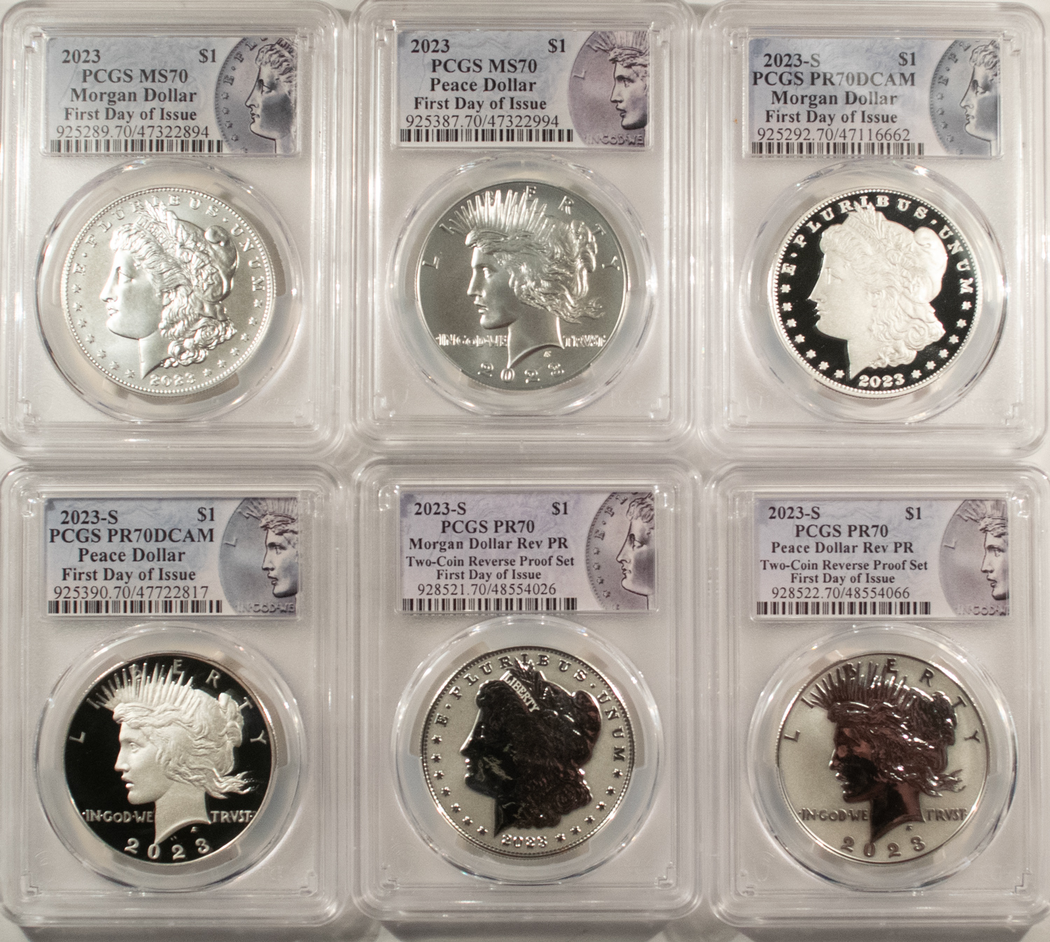 Dollars 2023 MORGAN PEACE DOLLAR COMMEM 6 COIN COMPLETE SET PCGS MS/PR70 FIRST DAY ISSUE Dollars 2023 MORGAN PEACE DOLLAR COMMEM 6 COIN COMPLETE SET PCGS MS/PR70 FIRST DAY ISSUE