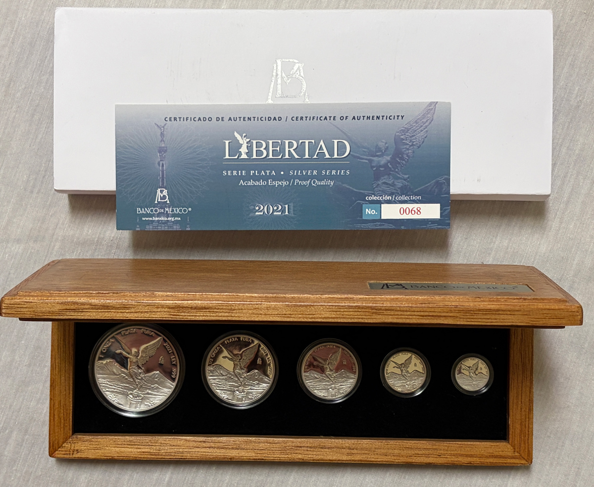 Bullion 2021 MEXICO SILVER PROOF LIBERTAD 5 COIN SET – GEM IN OGP, #68 OF ONLY 1000 SETS Bullion 2021 MEXICO SILVER PROOF LIBERTAD 5 COIN SET – GEM IN OGP, #68 OF ONLY 1000 SETS