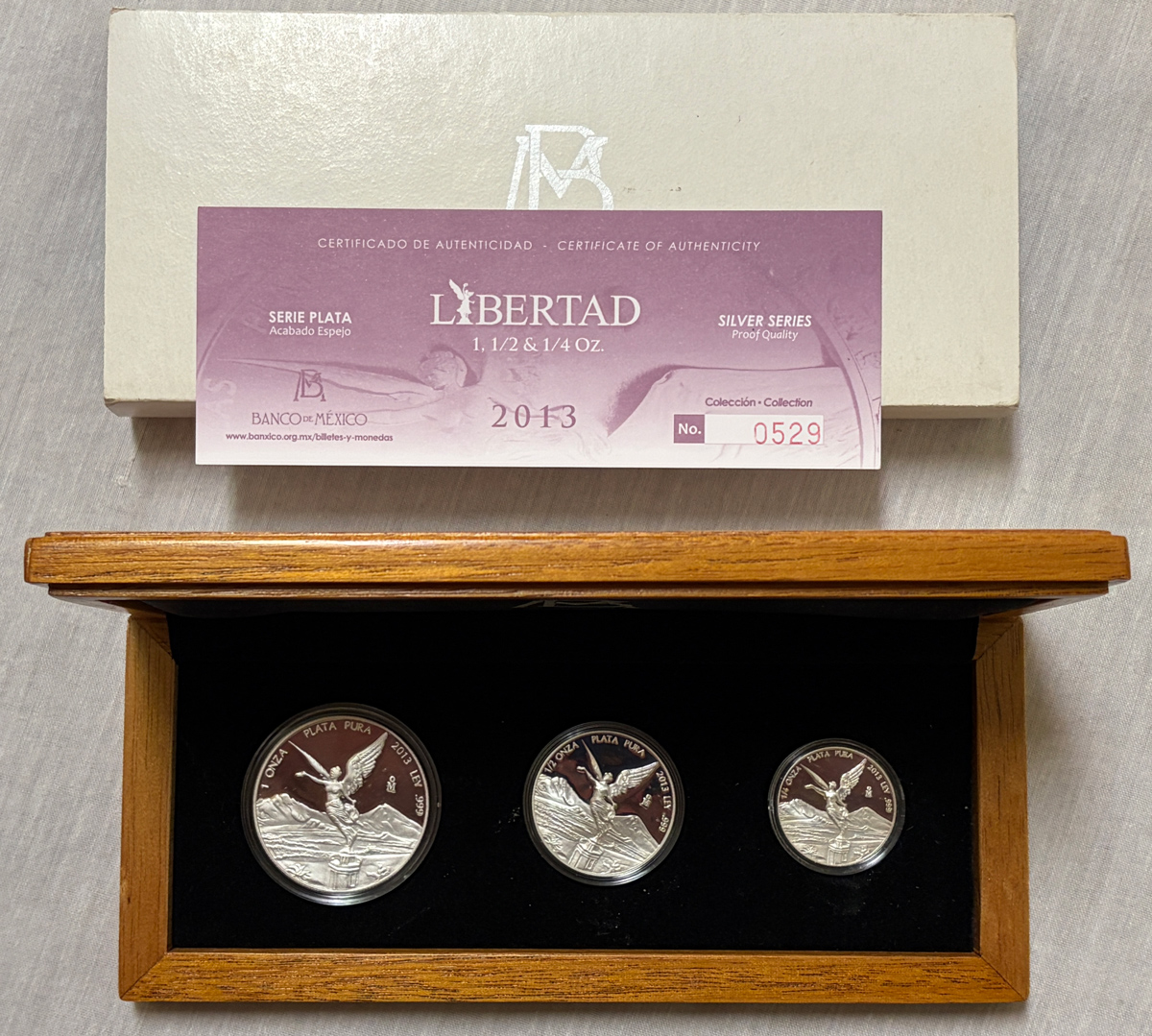 Bullion 2013 MEXICO SILVER PROOF LIBERTAD 1 OZ 1/2OZ 1/4OZ 3 COIN SET GEM, OGP #529/1000 Bullion 2013 MEXICO SILVER PROOF LIBERTAD 1 OZ 1/2OZ 1/4OZ 3 COIN SET GEM, OGP #529/1000