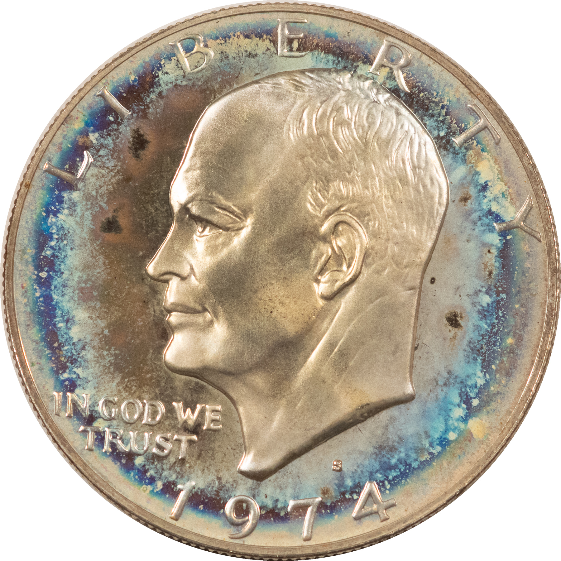 Dollars 1974-S $1 EISENHOWER DOLLAR, 40% SILVER PROOF – GEM PROOF, TONED! Dollars 1974-S $1 EISENHOWER DOLLAR, 40% SILVER PROOF – GEM PROOF, TONED!