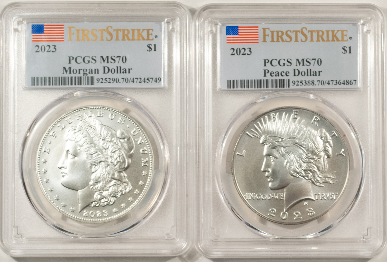 Dollars 2023 MORGAN PEACE DOLLAR 2 COIN SILVER COMMEMORATIVE SET PCGS MS-70 FIRST STRIKE Dollars 2023 MORGAN PEACE DOLLAR 2 COIN SILVER COMMEMORATIVE SET PCGS MS-70 FIRST STRIKE