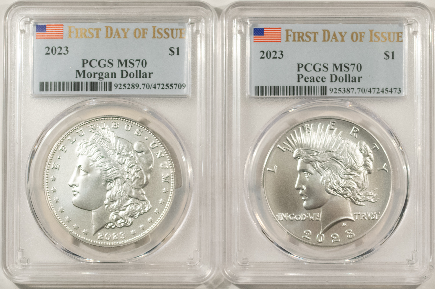 Dollars 2023 MORGAN & PEACE DOLLAR 2 COIN COMMEMORATIVE SET PCGS MS70 FIRST DAY OF ISSUE Dollars 2023 MORGAN & PEACE DOLLAR 2 COIN COMMEMORATIVE SET PCGS MS70 FIRST DAY OF ISSUE