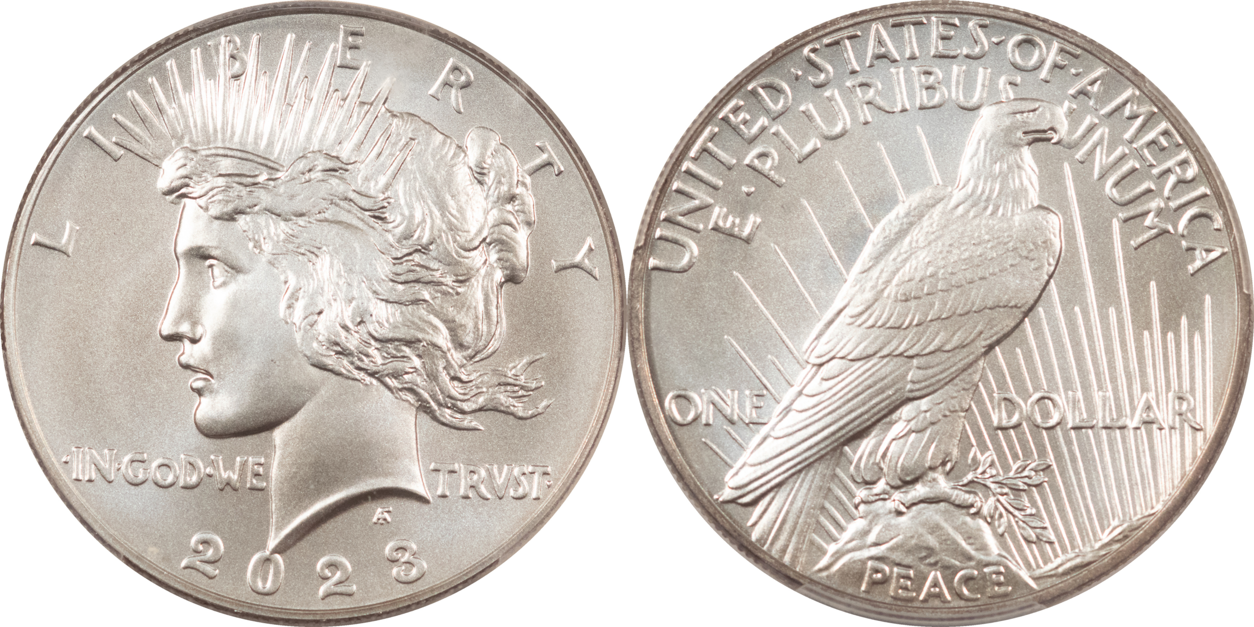 Dollars 2023 MORGAN PEACE DOLLAR 2 COIN SILVER COMMEMORATIVE SET PCGS MS-70 FIRST STRIKE Dollars 2023 MORGAN PEACE DOLLAR 2 COIN SILVER COMMEMORATIVE SET PCGS MS-70 FIRST STRIKE