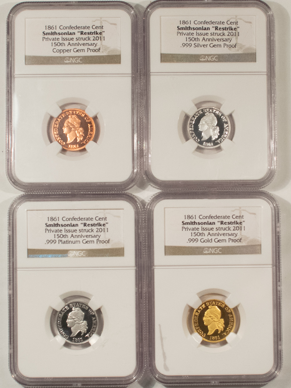 Bullion 1861 CONFEDERATE CENT SMITHSONIAN RESTRIKE 4 PC SET GOLD/PLAT/SIL NGC GEM PROOF Bullion 1861 CONFEDERATE CENT SMITHSONIAN RESTRIKE 4 PC SET GOLD/PLAT/SIL NGC GEM PROOF