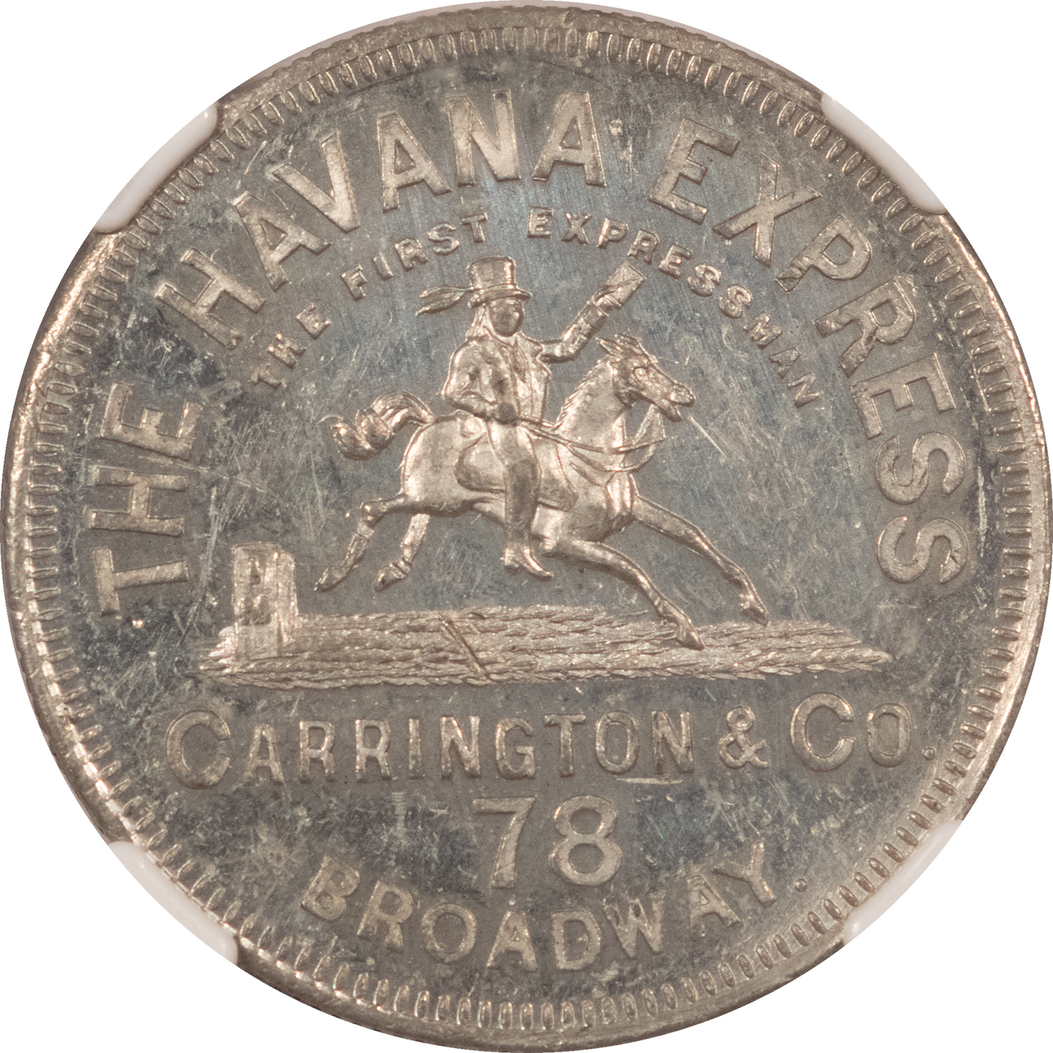 Exonumia 1850s NEW YORK NY M-NY-147 CARRINGTON CO TRADE TOKEN HAVANA EXPRESS NGC MS-62 PL Exonumia 1850s NEW YORK NY M-NY-147 CARRINGTON CO TRADE TOKEN HAVANA EXPRESS NGC MS-62 PL