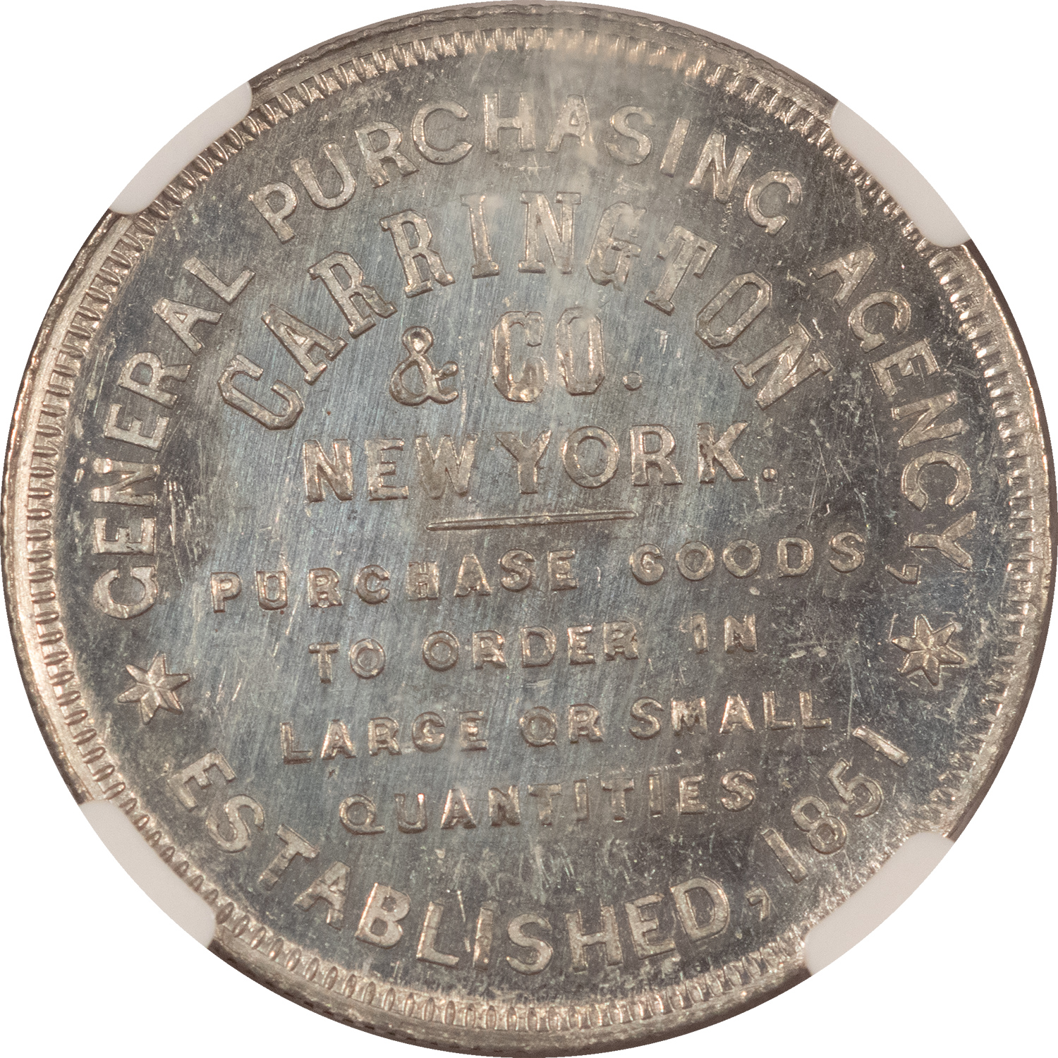 Exonumia 1850s NEW YORK NY M-NY-147 CARRINGTON CO TRADE TOKEN HAVANA EXPRESS NGC MS-62 PL Exonumia 1850s NEW YORK NY M-NY-147 CARRINGTON CO TRADE TOKEN HAVANA EXPRESS NGC MS-62 PL