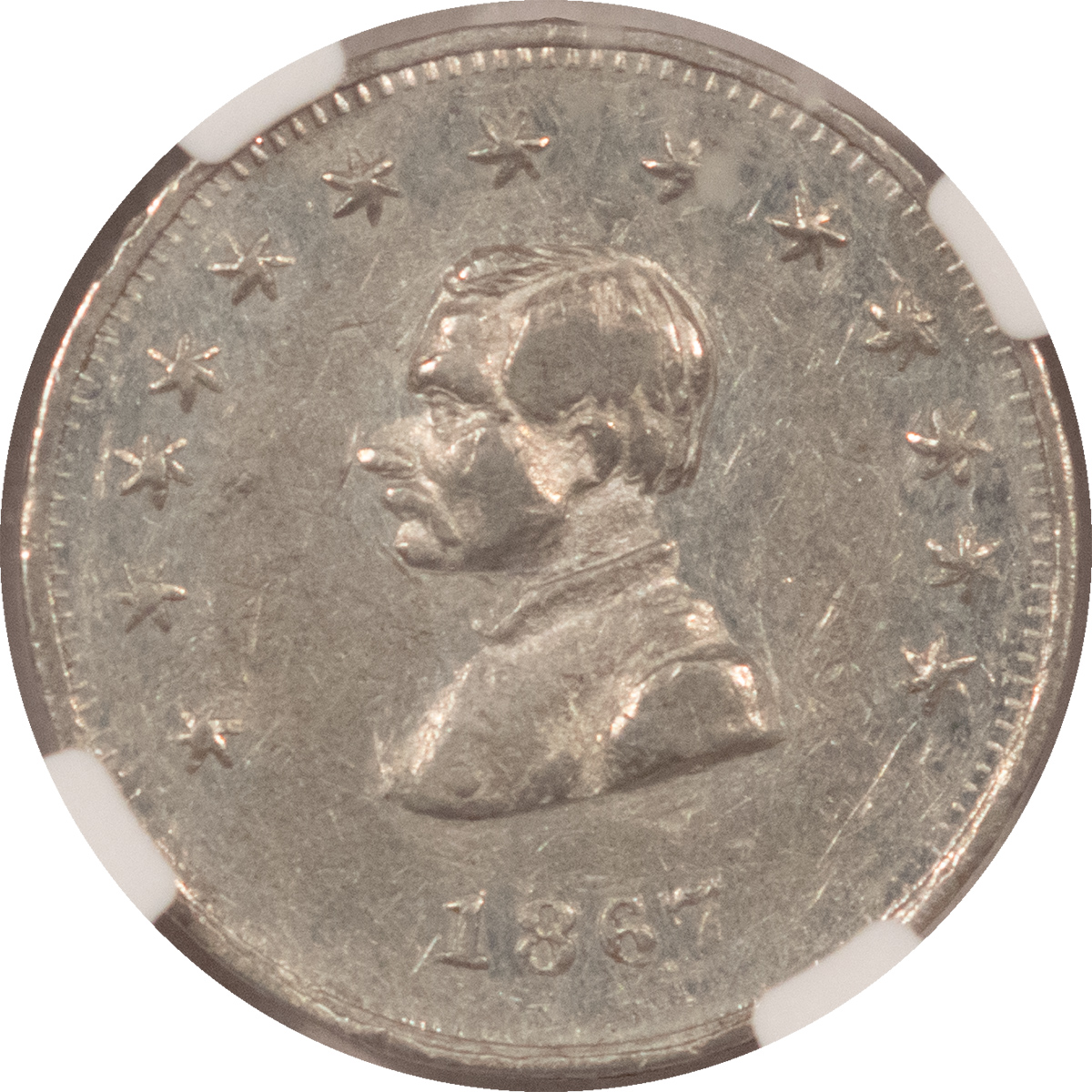 Exonumia 1867 PHILA PA, F-750B-2E MB ALLEBACH WATCH MAKER TRADE TOKEN, R-9 – NGC AU-55 Exonumia 1867 PHILA PA, F-750B-2E MB ALLEBACH WATCH MAKER TRADE TOKEN, R-9 – NGC AU-55